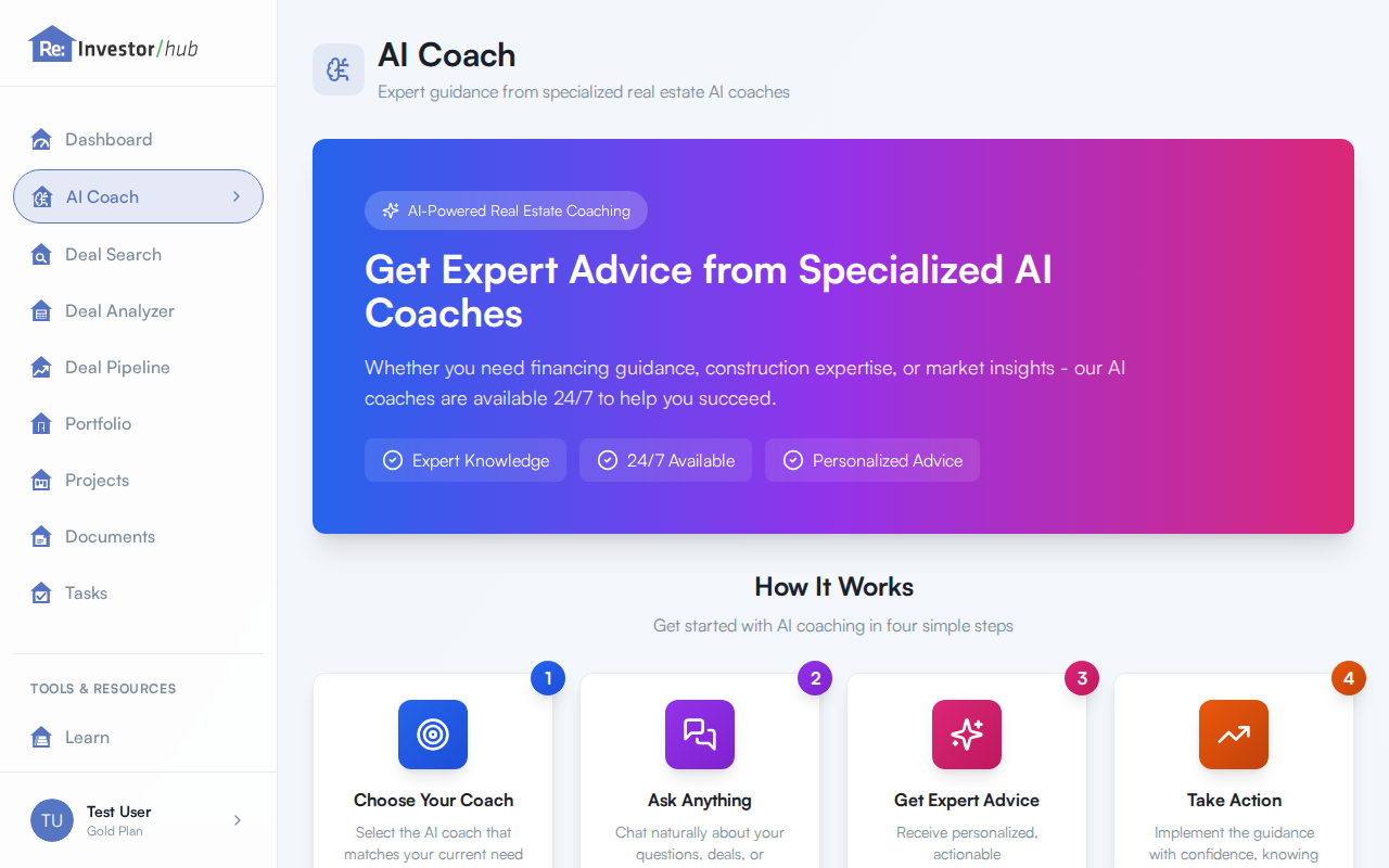 The Choose Your AI Coach section of the AI Coach page, showing the Lenny the Lender, Sid the Project Manager, and Annie the Agent cards with their specialty badges and Chat with buttons