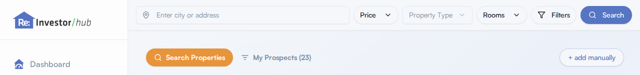 The Deal Search bar with the location box, Price, Property Type, Rooms and Filters controls
