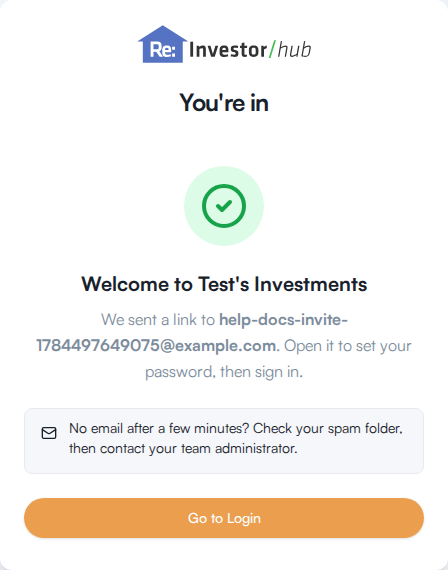 The You're in confirmation card welcoming the new member to their organization and telling them a link to set their password was emailed to them