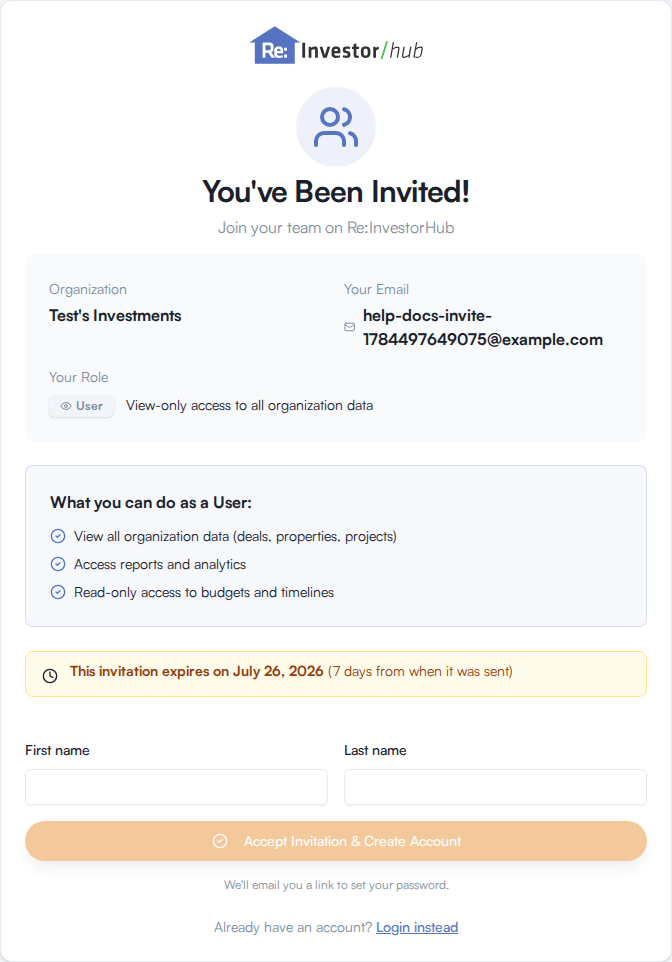 The You've Been Invited card showing the organization name, invited email address, role and its permissions, the 7-day expiry notice, and the First name and Last name form