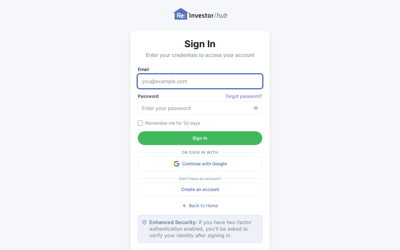 The Re:InvestorHub sign-in page, with Email and Password fields and the Sign In button
