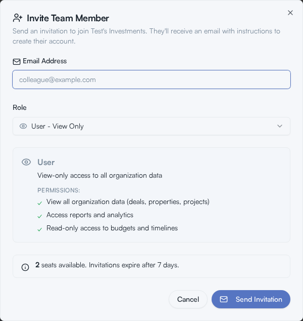 The Invite Team Member dialog, with the Email Address field and the Role dropdown showing what the selected role can do