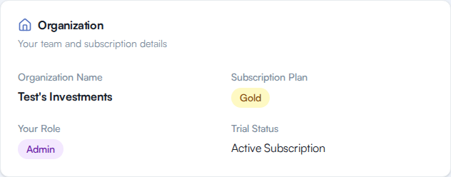 The Organization card in Settings, showing the organization name, subscription plan, your role, and trial status