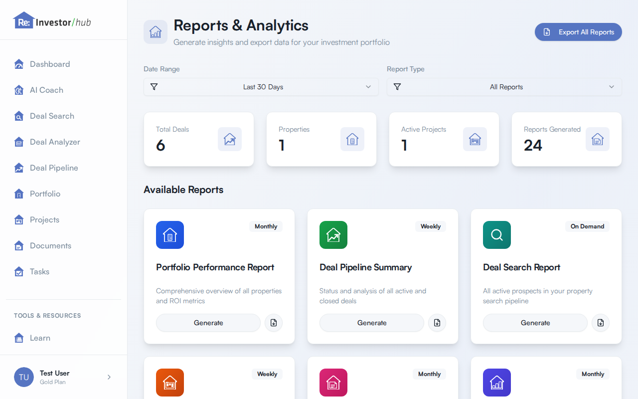 The Reports page showing the Available Reports grid