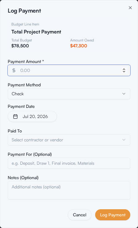 The Log Payment dialog, for recording a payment against the budget