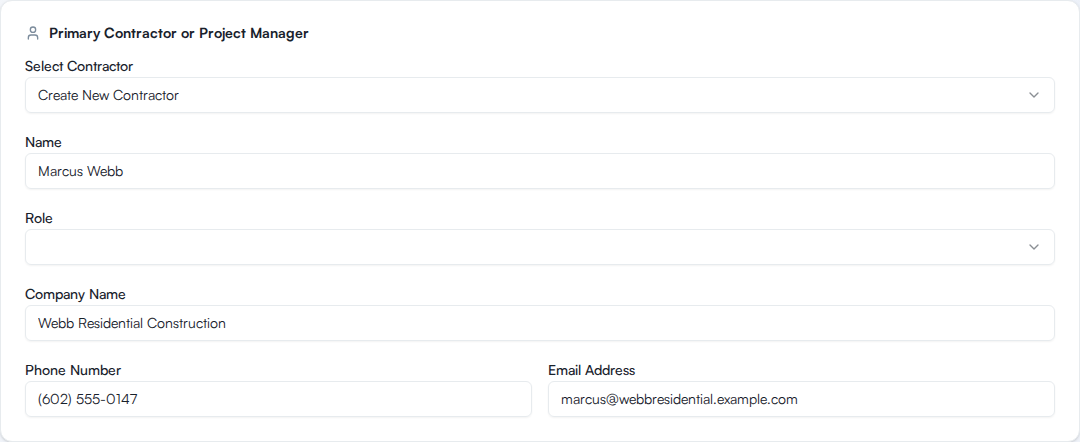 Adding a primary contractor on a project's Team tab, with name, company, trade, phone, and email