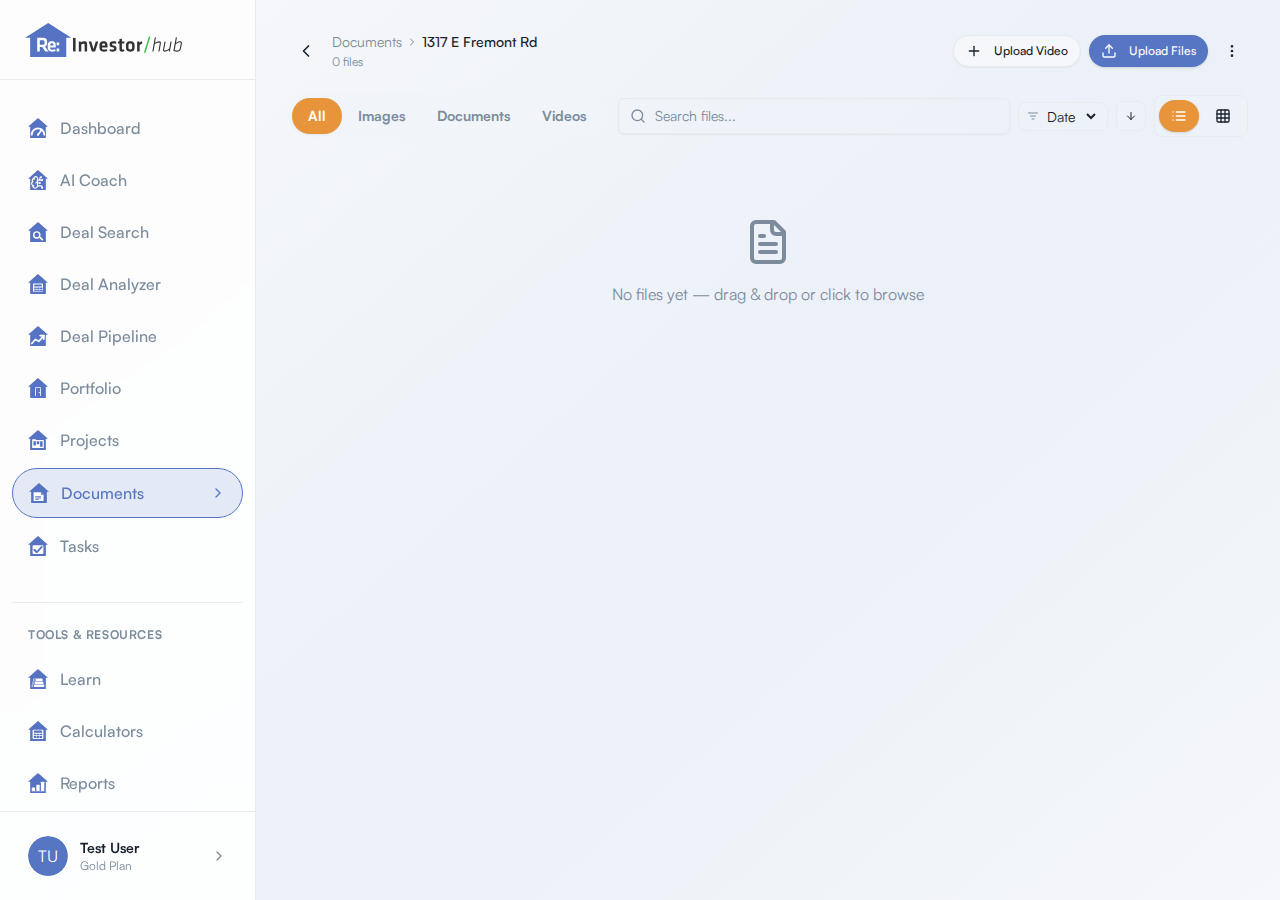 A deal's folder in Documents, with the Upload Files button and the drag and drop area