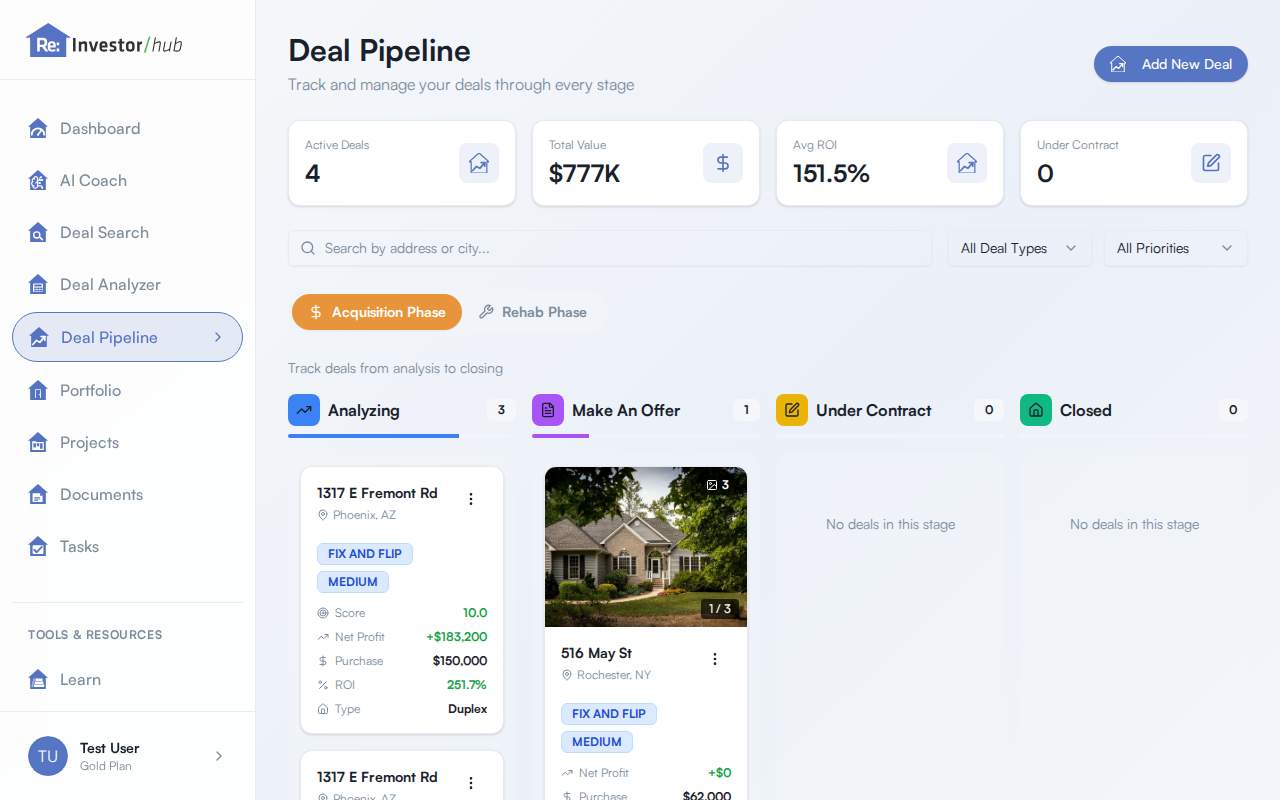 The Deal Pipeline board on the Acquisition Phase tab, showing the Analyzing, Make An Offer, Under Contract, and Closed columns with deal cards