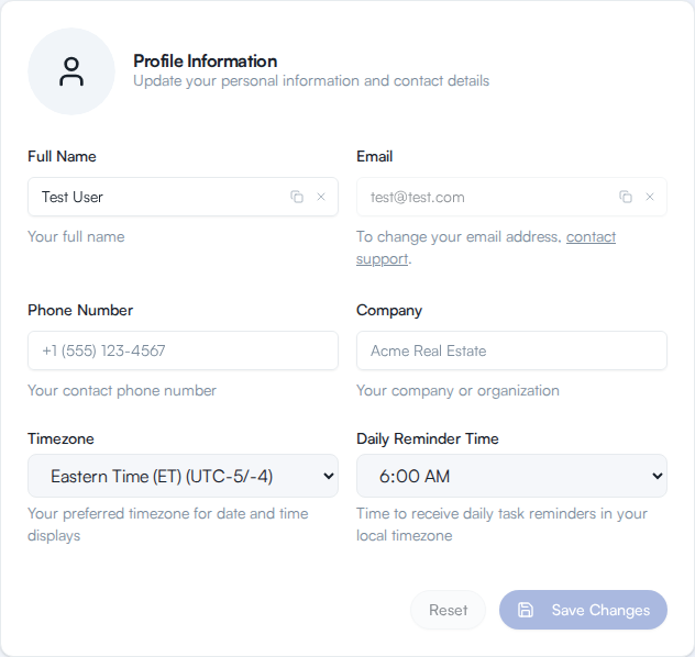 The Profile card in Settings, with the Email field greyed out and helper text pointing to support